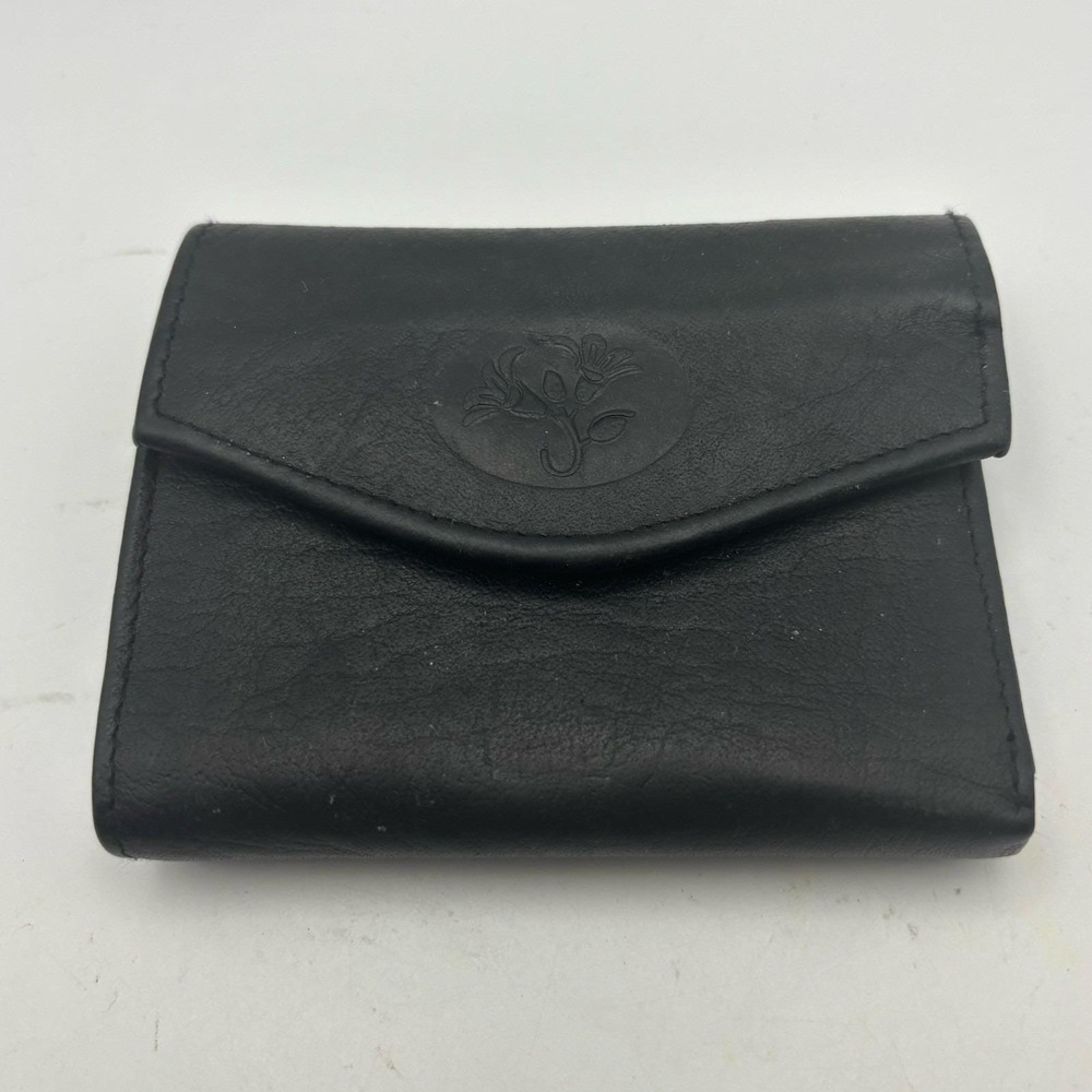Burton Black Genuine Leather Snap Clutch Coin Wallet Embossed Flower‎ Cowhide